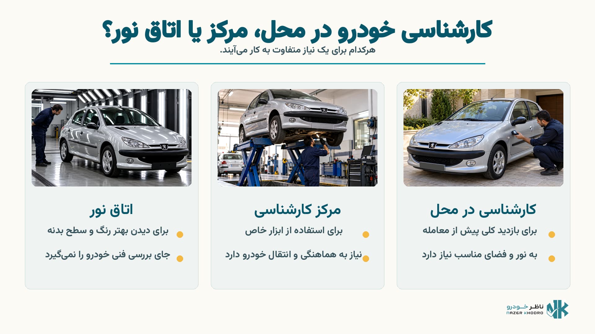کارشناسی خودرو در محل بهتر است یا مرکز؛ اتاق نور چه زمانی لازم است؟